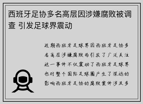 西班牙足协多名高层因涉嫌腐败被调查 引发足球界震动 西班牙足协多名高层因涉嫌腐败被调查 引发足球界震动
