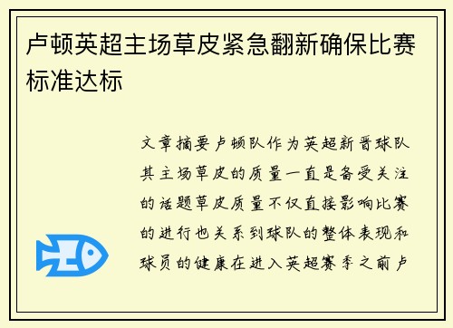 卢顿英超主场草皮紧急翻新确保比赛标准达标 卢顿英超主场草皮紧急翻新确保比赛标准达标