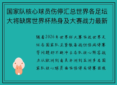 国家队核心球员伤停汇总世界各足坛大将缺席世界杯热身及大赛战力最新追踪